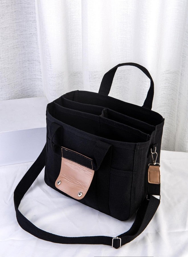 AioTio Women Multi-pocket Canvas Tote Bag Large Capacity Shoulder Crossbody Handbag With Compartments(Black) - Image 3