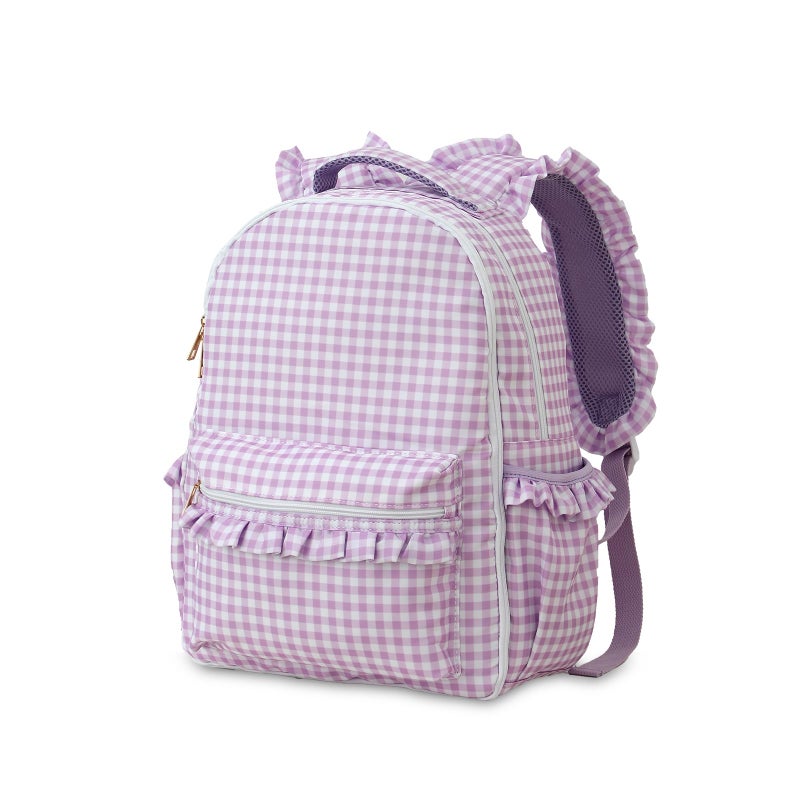 DYSHAYEN Kids Backpack for Girls 15 Ruffled Backpack for School Kindergarten Bookbag 58 Fully Opened Compartment Purple Gingham - Image 2