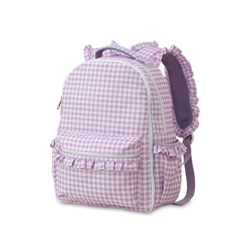 DYSHAYEN Kids Backpack for Girls 15 Ruffled Backpack for School Kindergarten Bookbag 58 Fully Opened Compartment Purple Gingham - Image 1