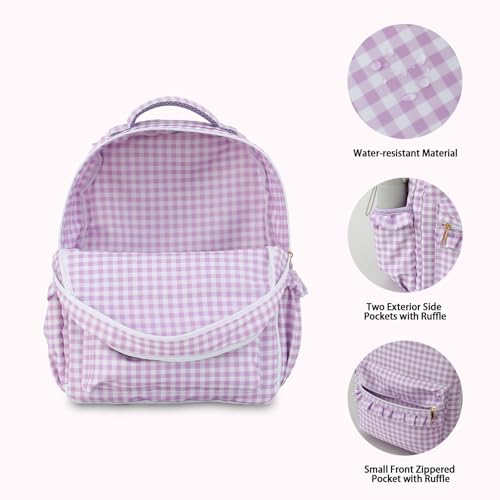 DYSHAYEN Kids Backpack for Girls 15 Ruffled Backpack for School Kindergarten Bookbag 58 Fully Opened Compartment Purple Gingham - Image 3