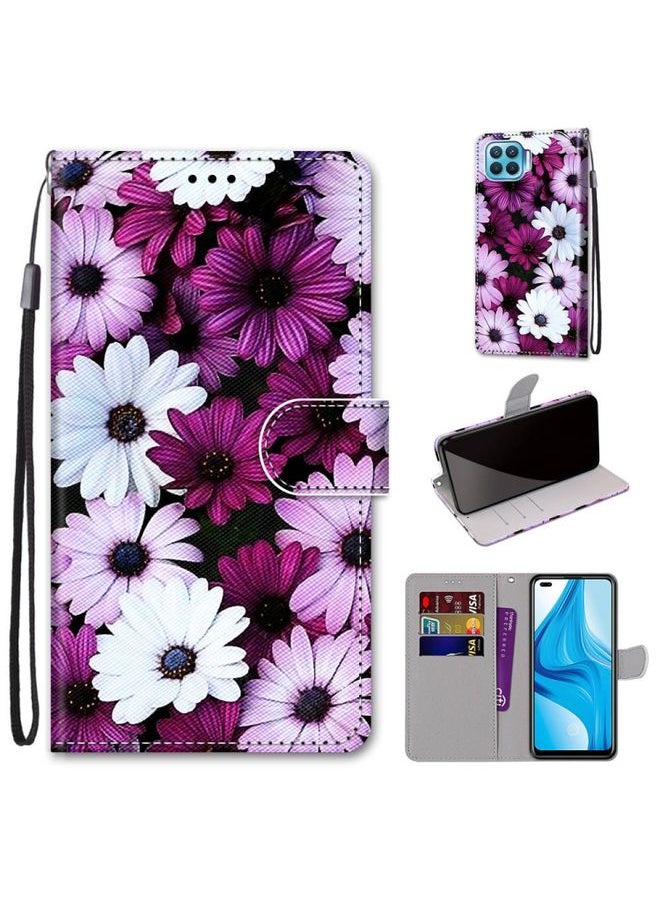 HuHa Case Cover For OPPO F17 Pro / A93 4G / Reno4 Lite / Reno4 F Coloured Drawing Cross Texture Horizontal Flip PU Leather Case with Holder & Card Slots & Wallet & Lanyard Chrysanthemum Pink White Purple 