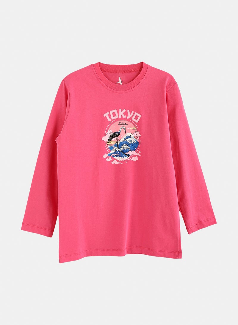 Andora Cotton Printed T-Shirt - Fuchsia - Image 2