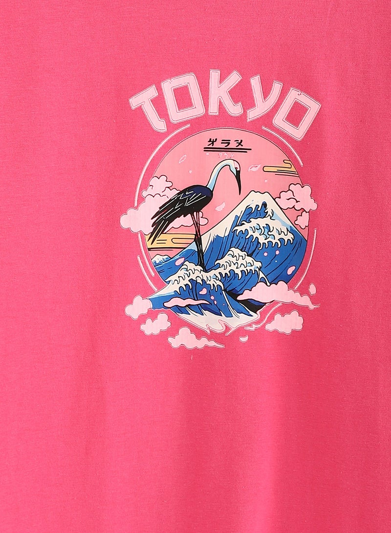 Andora Cotton Printed T-Shirt - Fuchsia - Image 4