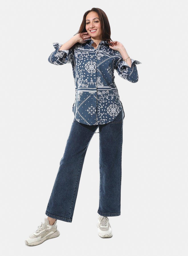 Andora Self Pattern High-Low Shirt_Navy Blue & White - Image 1