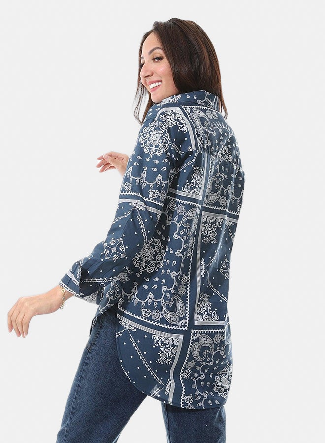Andora Self Pattern High-Low Shirt_Navy Blue & White - Image 2