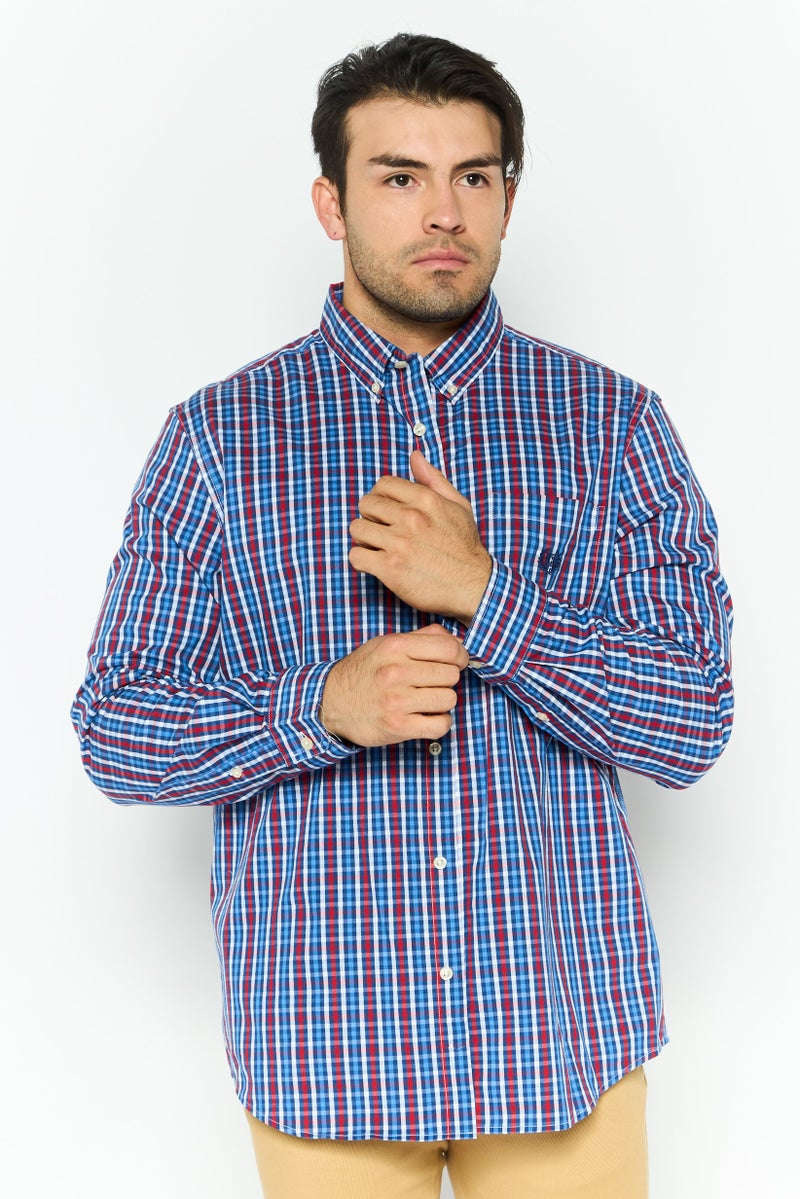Chaps قميص كاجوال رجالي بأكمام طويلة وقصة عادية، مخطط، أحمر - Image 1