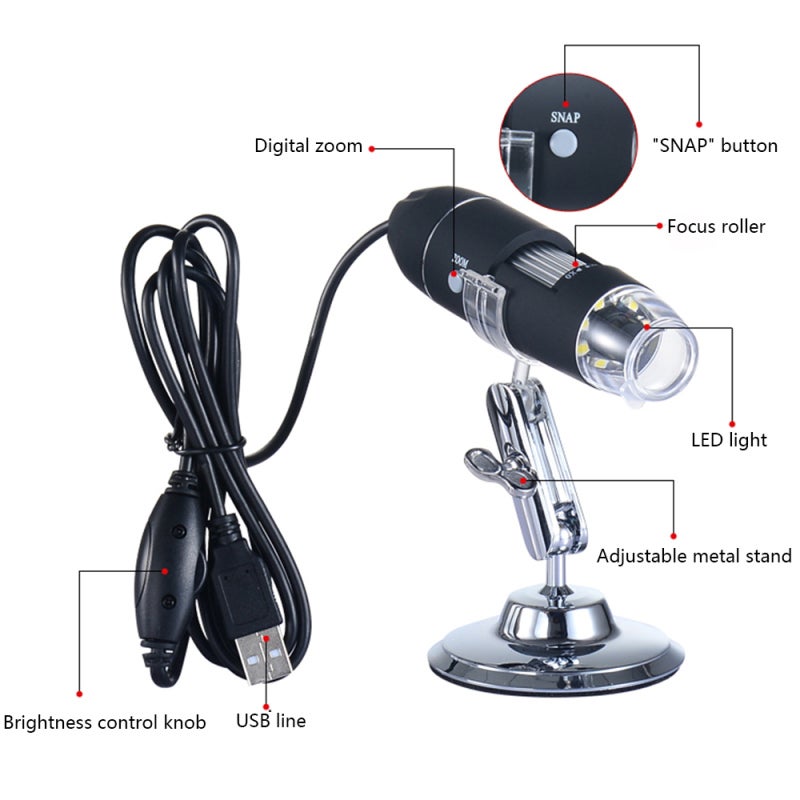المجهر الرقمي USB: تكبير 1000X، مزود بـ 8 مصابيح LED ضوء أبيض مدمجة، زر التقاط الصور - حامل قابل للتعديل، مجهر رقمي محمول لفحص البشرة والشعر والمجوهرات ولوحات الدوائر المطبوعة، للتعليم، متوافق مع أندرويد وواي فاي - Image 3