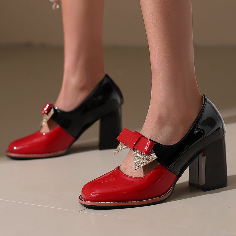 2026 Fashion High Heels For , Sizes 33-48, Color-Block Bowknot Shallow Mouth Single Shoes For Women - Image 2
