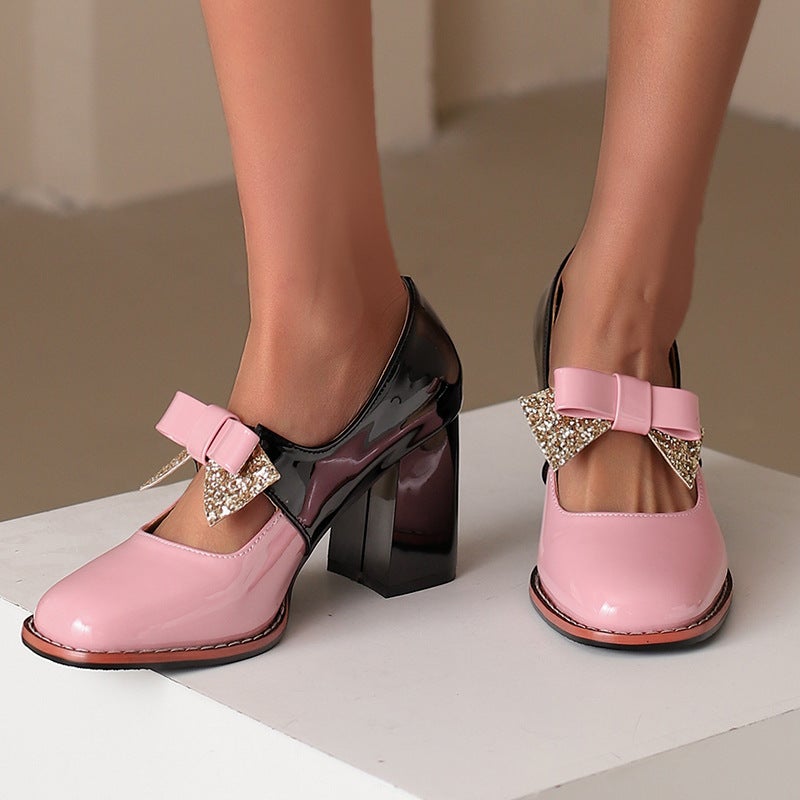 2026 Fashion High Heels For , Sizes 33-48, Color-Block Bowknot Shallow Mouth Single Shoes For Women - Image 5