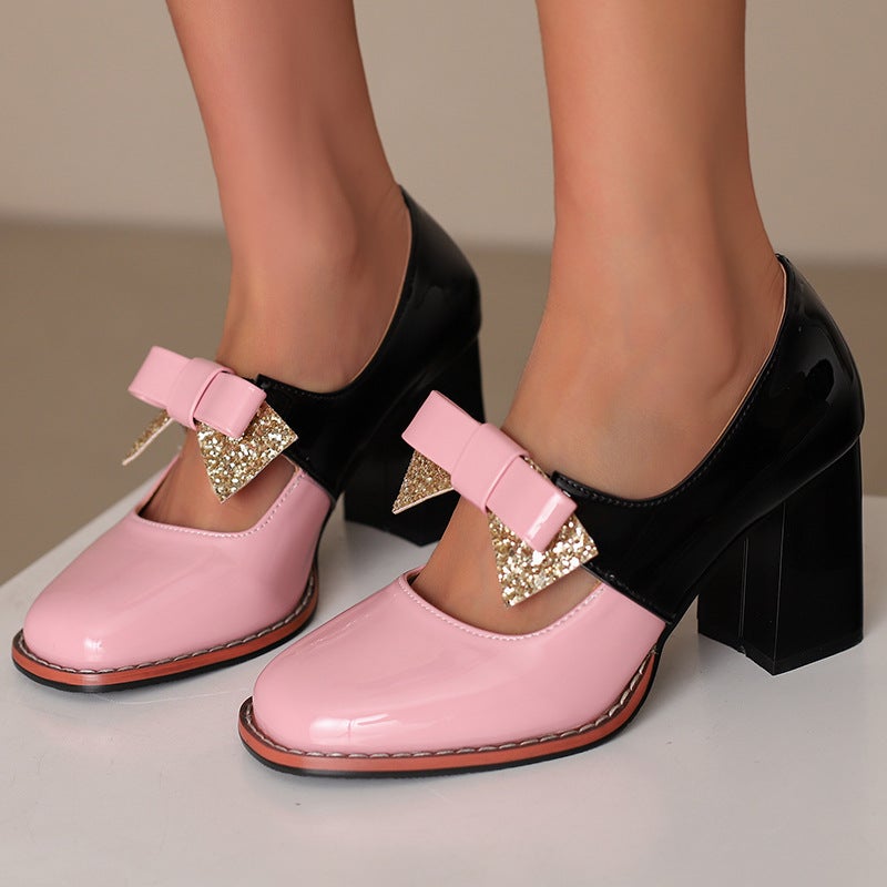2026 Fashion High Heels For , Sizes 33-48, Color-Block Bowknot Shallow Mouth Single Shoes For Women - Image 4