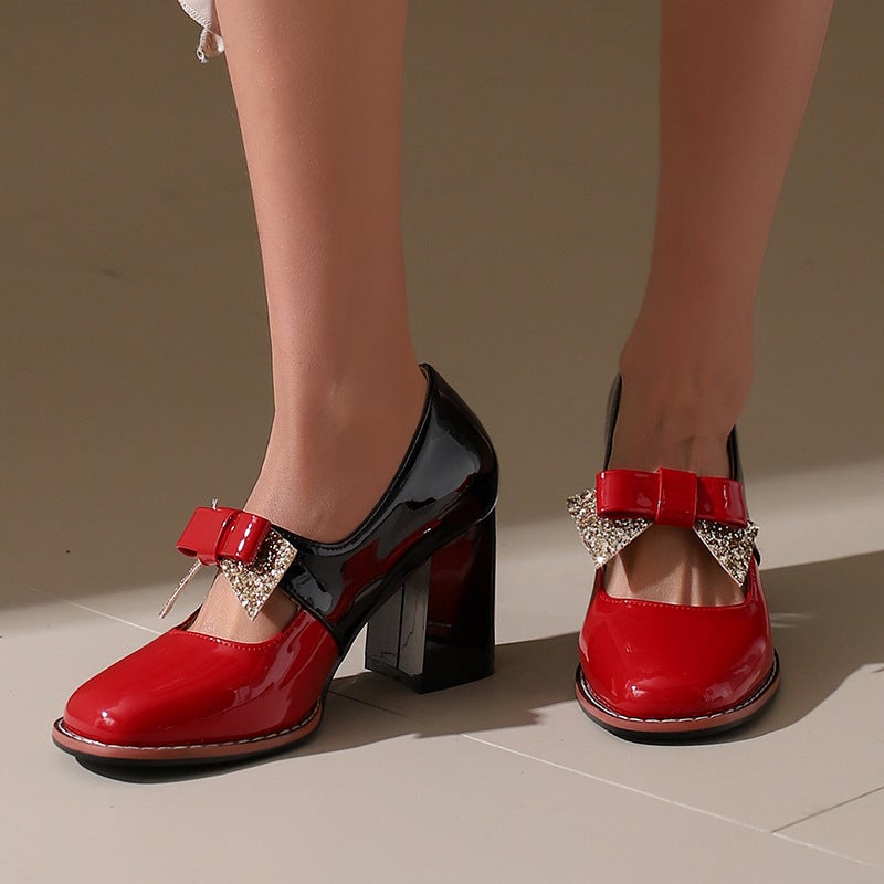 2026 Fashion High Heels For , Sizes 33-48, Color-Block Bowknot Shallow Mouth Single Shoes For Women - Image 3