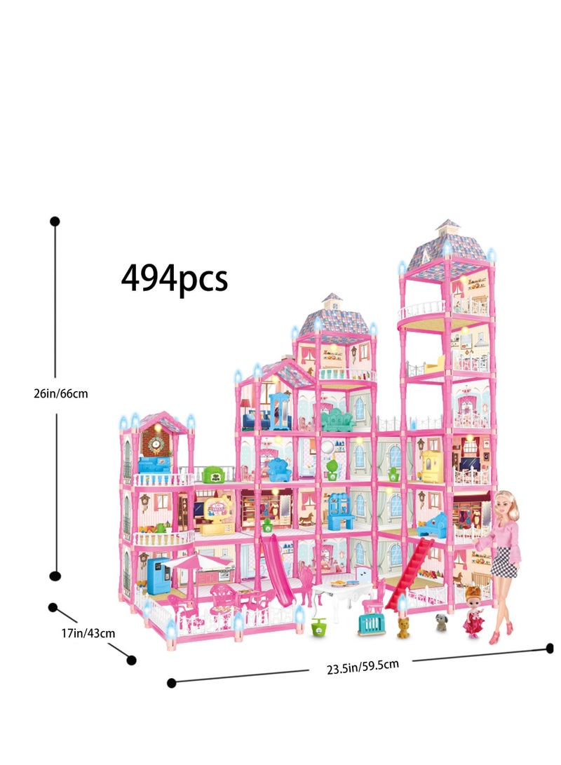 Rightsure 6-Story 25-Room Girls Dollhouse with 2 Doll Furniture and Accessories, Dreamhouse Dollhouse Girl Gift, Dollhouse Playhouse Toy for Girls Ages 6-12 (494 Pieces) - Image 2