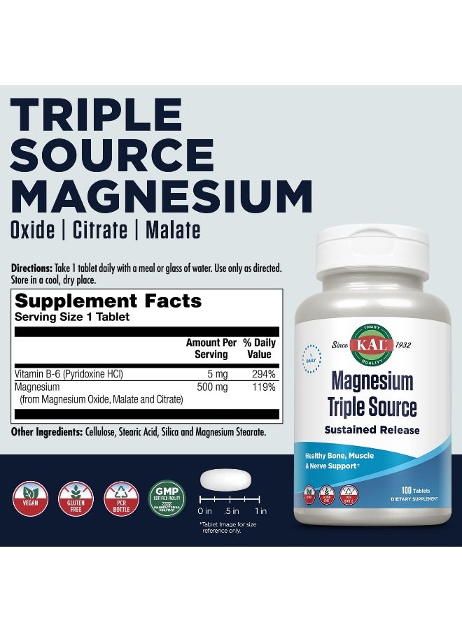 KAL - 500 Mg Magnesium Triple Source Tablets, 100 Count - Image 1