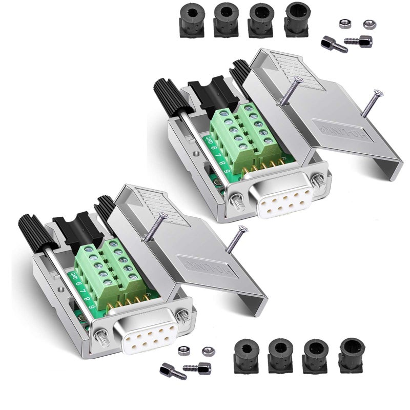 ANMBEST 2PCS DB9 Breakout Connector, Solderless Metal Shell RS232 D-SUB Serial to 9-Pin Port Terminal Female Adapter Connector Breakout Board with Case - Image 1