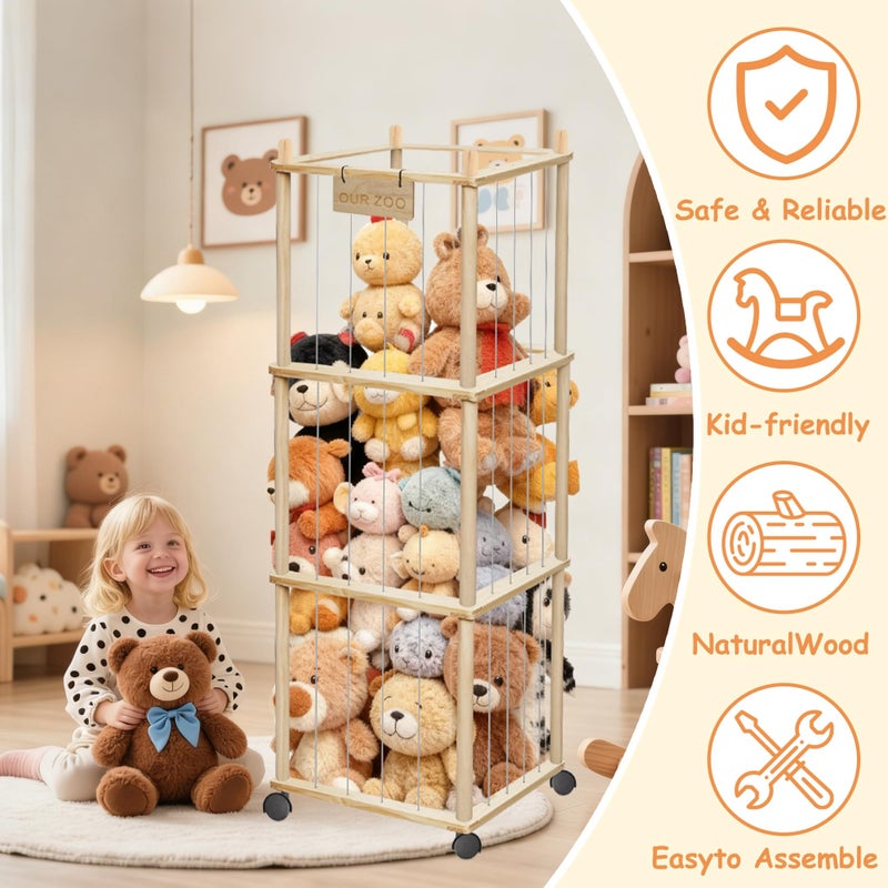 yofit 56" Stuffed Animal Storage Organizer with Wheels, Plush Storage Wooden ZOO with Removable Dust-Proof Cover for Playroom Bedroom Living Room Kids Room - Image 4
