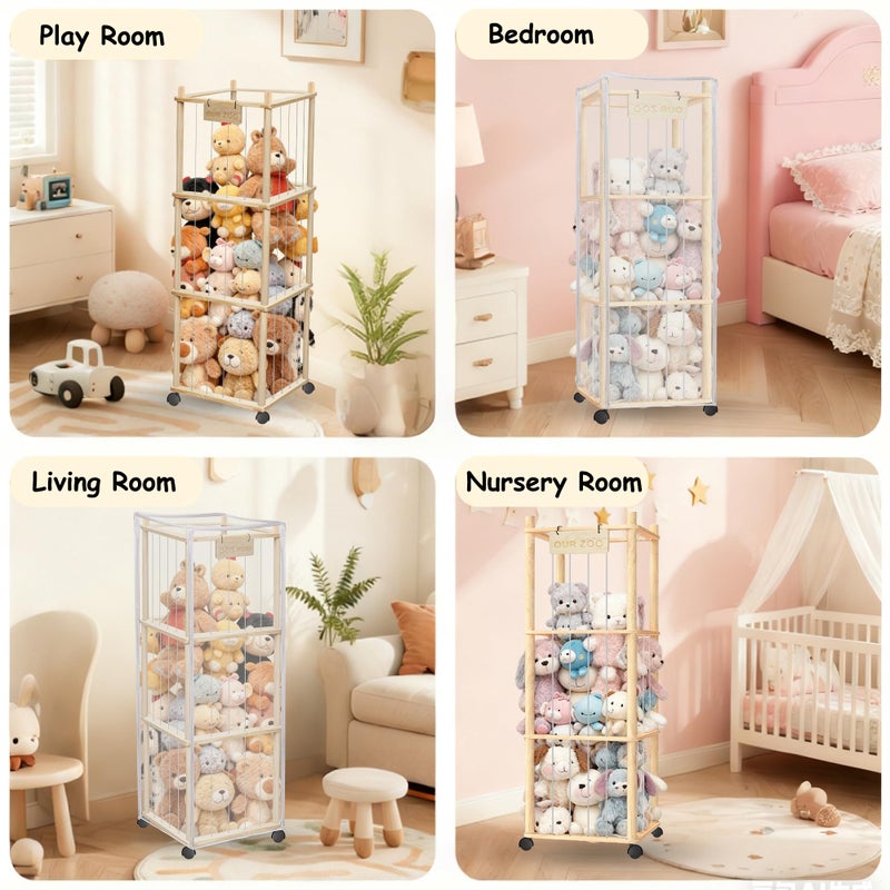 yofit 56" Stuffed Animal Storage Organizer with Wheels, Plush Storage Wooden ZOO with Removable Dust-Proof Cover for Playroom Bedroom Living Room Kids Room - Image 5