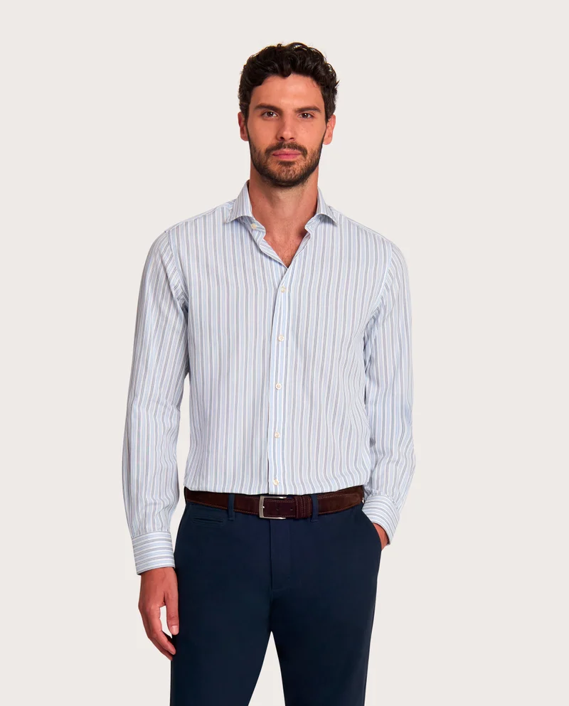 كاميتشسما Striped Blue Poplin Fancy Slim Shirt
