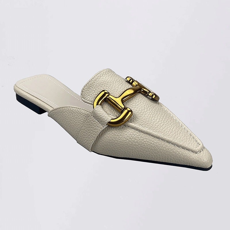 Summer Fashion New Style Closed-Toe Mules For Women, Flat Pointed Sandals With A French-Style Elegant And Comfortable Design, Featuring A Horsebit Buckle And Flat Heel - Image 1