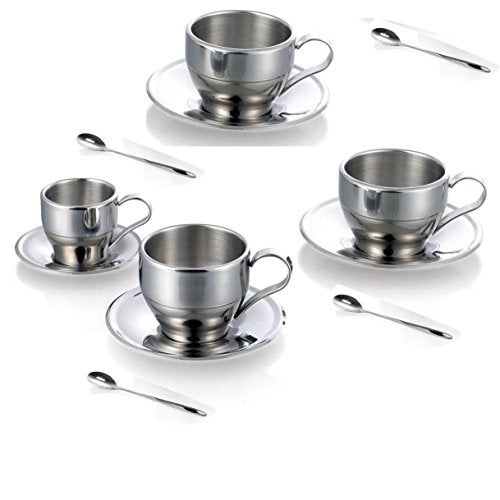Jasni Stainless Steel Coffee Cup Coffee Mugs Espresso Cups and Great Cappuccino Cups with Spoon and Saucer Gift Idea for Coffee and Tea Lovers (4) - Image 1