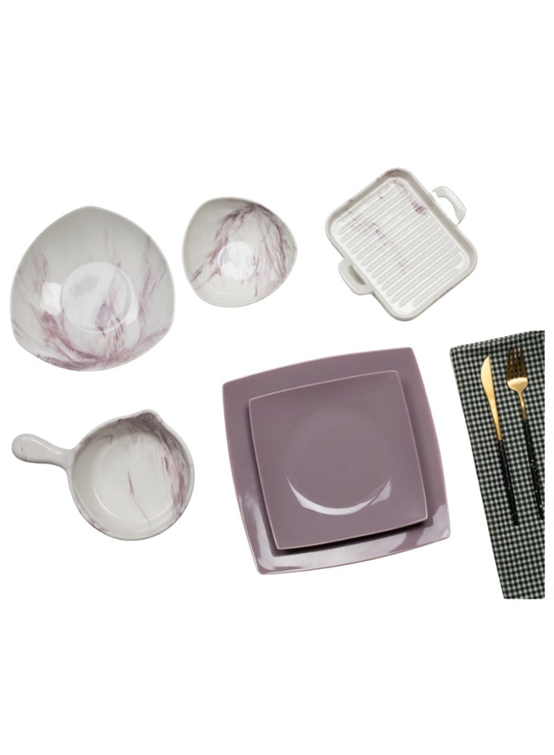 Lotus 26-piece square porcelain dinner set, mauve color 