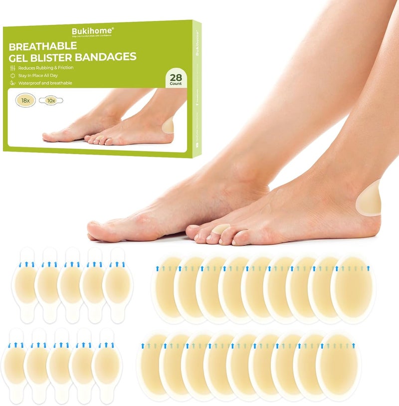 Bukihome Hydrocolloid Gel Blister Bandages  28ct  Adhesive Blisters Bandages  Sport Sandals Blister Pads for Heel Feet Toe Fingers  Gel Blister Prevention for TravelHiking Variety Pack - Image 1