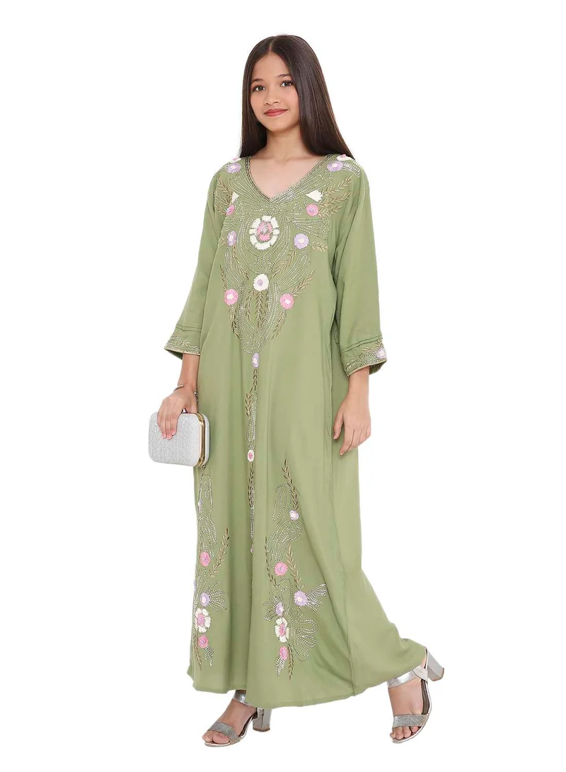 HANA & SARA TINY BABY GIRLS KAFTAN DRESS ON SOLID COLOR FARASHA WITH A UNIQUE COLOURFUL THREAD EMBROIDERY