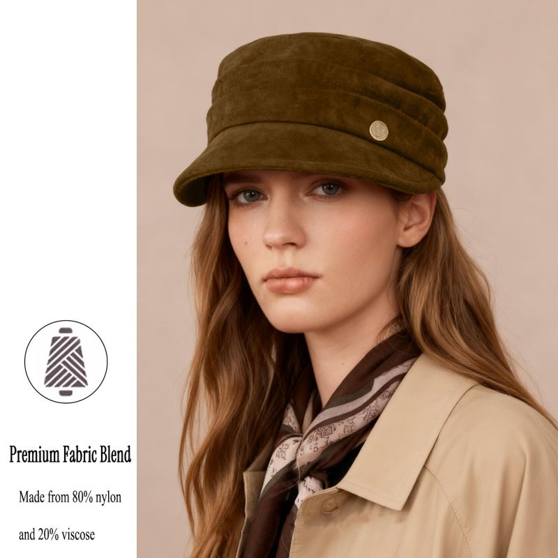 huablo Women's Suede Flat Top Newsboy Cap - Soft Brim & Hook - and - Loop Adjustment - Fall Winter Cabbie Paperboy Hats - Coffee - Image 2