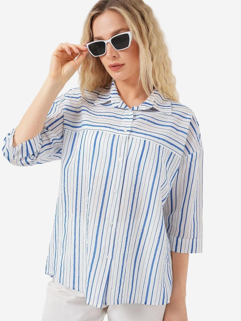 BIG DART BDART Lined Striped Poplin Shirt with Three Quarter Sleeves - Image 1