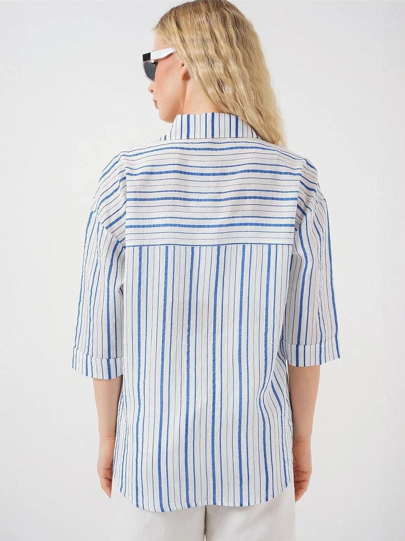 BIG DART BDART Lined Striped Poplin Shirt with Three Quarter Sleeves - Image 4