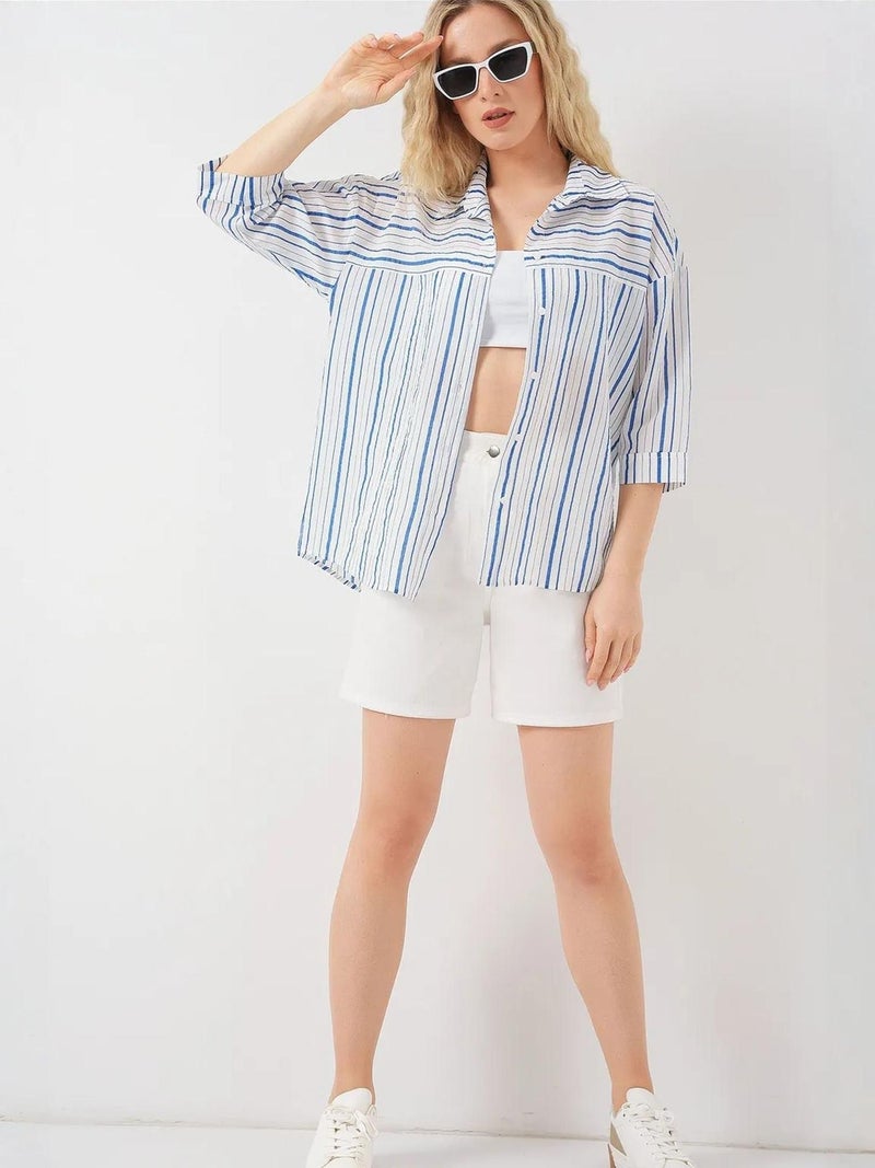 BIG DART BDART Lined Striped Poplin Shirt with Three Quarter Sleeves - Image 5