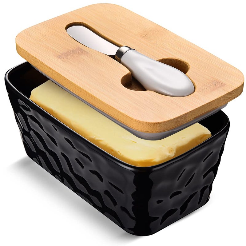 Stone Butter Dishes with Covers  Large Ceramic Butter Dish for Countertop  Double Silicone Seal  Black
