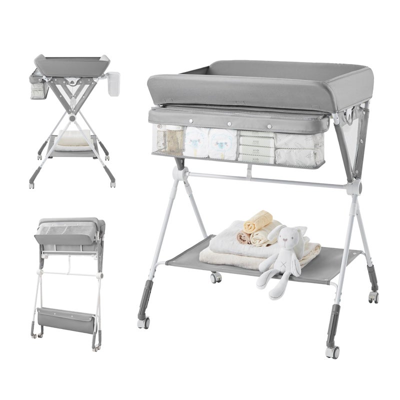 KUB Portable Baby Changing Table Foldable Diaper Changing Table with Wheels for Nursery Toddler Changing Table with Adjustable Height Portable Changing Table for Newborn Infant Grey