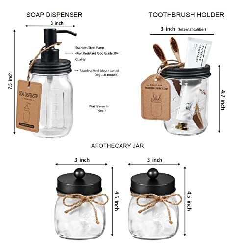 Amolliar Mason Jar Bathroom Accessories Set 4 Pcs -Lotion Soap Dispenser & 2 Cotton Swab Holders & Toothbrush Holder - Rustic Farmhouse Decor, Bathroom Home Decor, Perfect Decorating Idea (Black) - Image 5