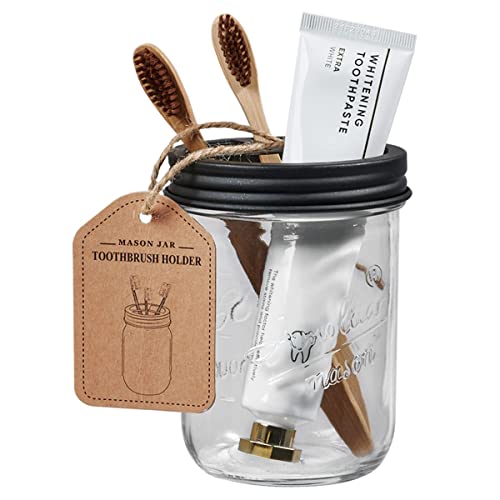 Amolliar Mason Jar Bathroom Accessories Set 4 Pcs -Lotion Soap Dispenser & 2 Cotton Swab Holders & Toothbrush Holder - Rustic Farmhouse Decor, Bathroom Home Decor, Perfect Decorating Idea (Black) - Image 4