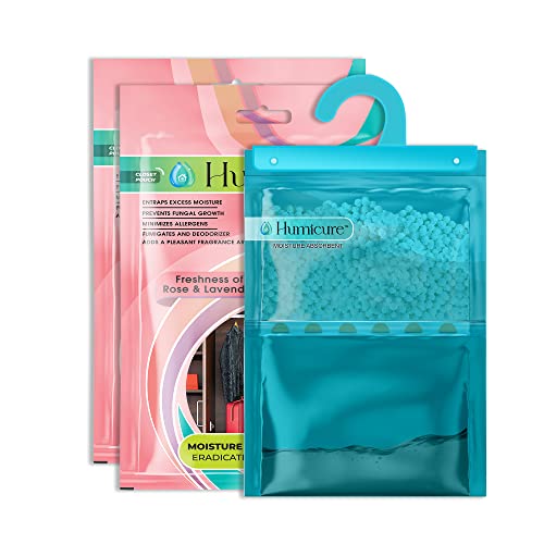 Humicure Moisture Absorber Dehumidifier Hanging Bags with 1 Litre Absorption Capacity for Wardrobe, Bathroom, Kitchen and Bedroom; Prevents Mould & Fungus (Pack of 2, 400gram each, Rose & Lavender) - Image 1