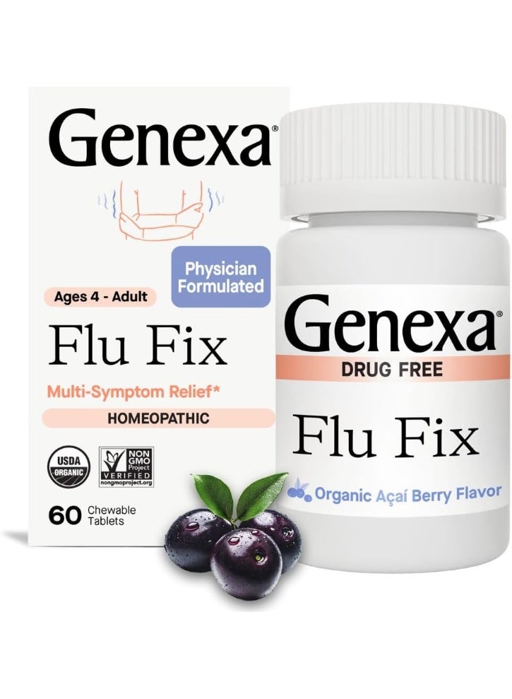 Genexa Flu Fix | Multi-Symptom Flu Remedy for Kids & Adults | Relieves Aches, Fever, Congestion | Acai Berry Flavor | Organic & Non-GMO | Homeopathic Remedy Made Clean | 60 Chewable Tablets, Ages 4+