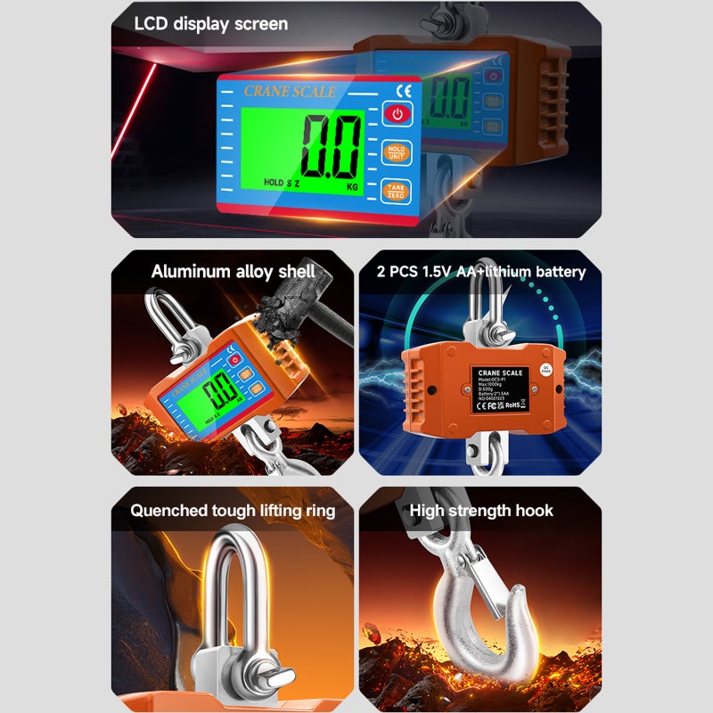 Hanging Scale, Digital Crane Scale 1000KG (2204lbs), Industrial Heavy Duty Crane Scale LCD Backlight with Unit Change/Data Hold/Tare/Zero for Construction Site Travel Market Fishing - Image 5