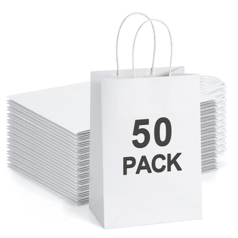 BagDream Small Gift Bags with Handles 50Pcs 525x3x8 Inches Kraft Paper Bags Bulk for Party Favor Retail Merchandise Wedding Gifts Recyclable White Paper Sacks