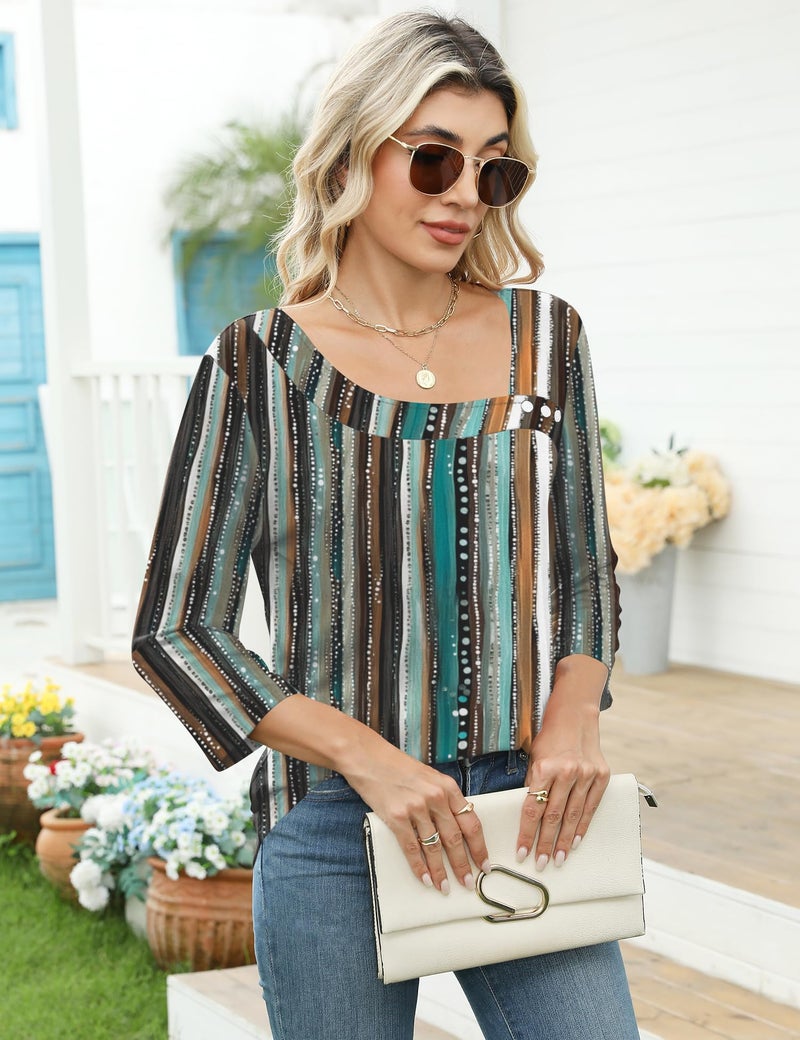 LOMON Plus Size 3/4 Sleeve Tops for Women 2026 Boho Bohemian Clothes Asymmetrical Square Neck Shirts XXL - Image 4