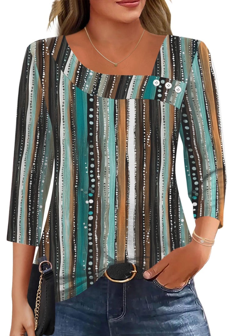 LOMON Plus Size 3/4 Sleeve Tops for Women 2026 Boho Bohemian Clothes Asymmetrical Square Neck Shirts XXL - Image 1