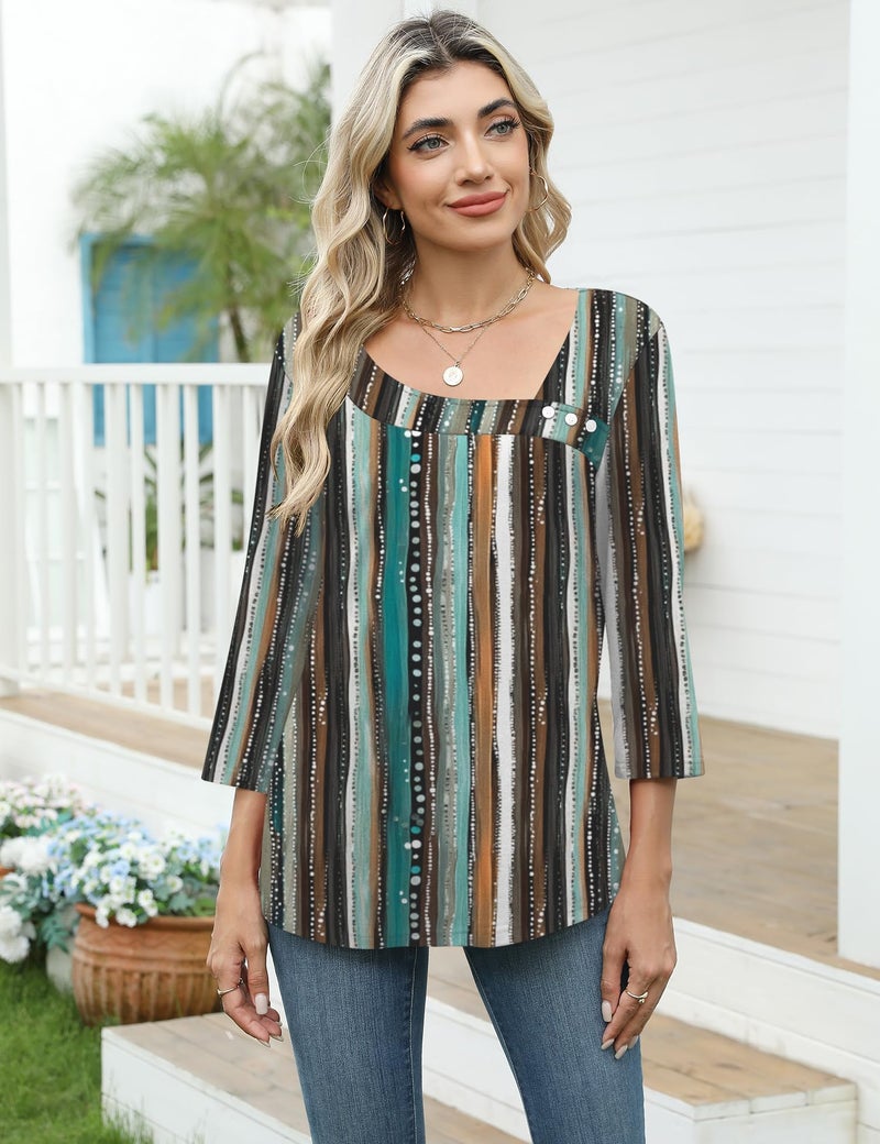 LOMON Plus Size 3/4 Sleeve Tops for Women 2026 Boho Bohemian Clothes Asymmetrical Square Neck Shirts XXL - Image 2