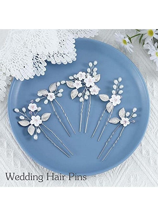 Unicra Flower Bride Wedding Hair Pins Silver Bridal Hair Pieces Pearl Hair Accessories Leaf Prom Hair Clips For Women And Girls ( Pack Of 5)  - Image 5