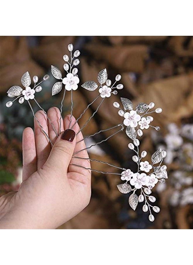 Unicra Flower Bride Wedding Hair Pins Silver Bridal Hair Pieces Pearl Hair Accessories Leaf Prom Hair Clips For Women And Girls ( Pack Of 5)  - Image 1