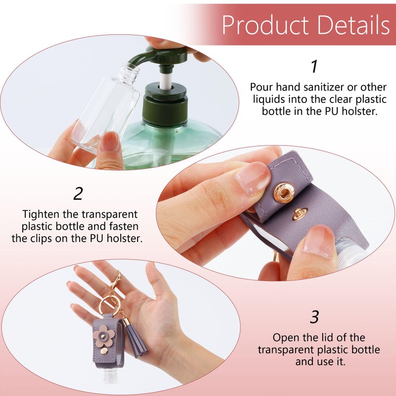 GTILE 4Pcs Hand Sanitizer Keychain, Portable Leather Empty Bottles, 30ml Squeeze Bottle Refillable Containers, Cute Hand Sanitizer for Toiletry Lotion Liquid Soap Shampoo (Pink, Blue, Purple, Yellow) - Image 4
