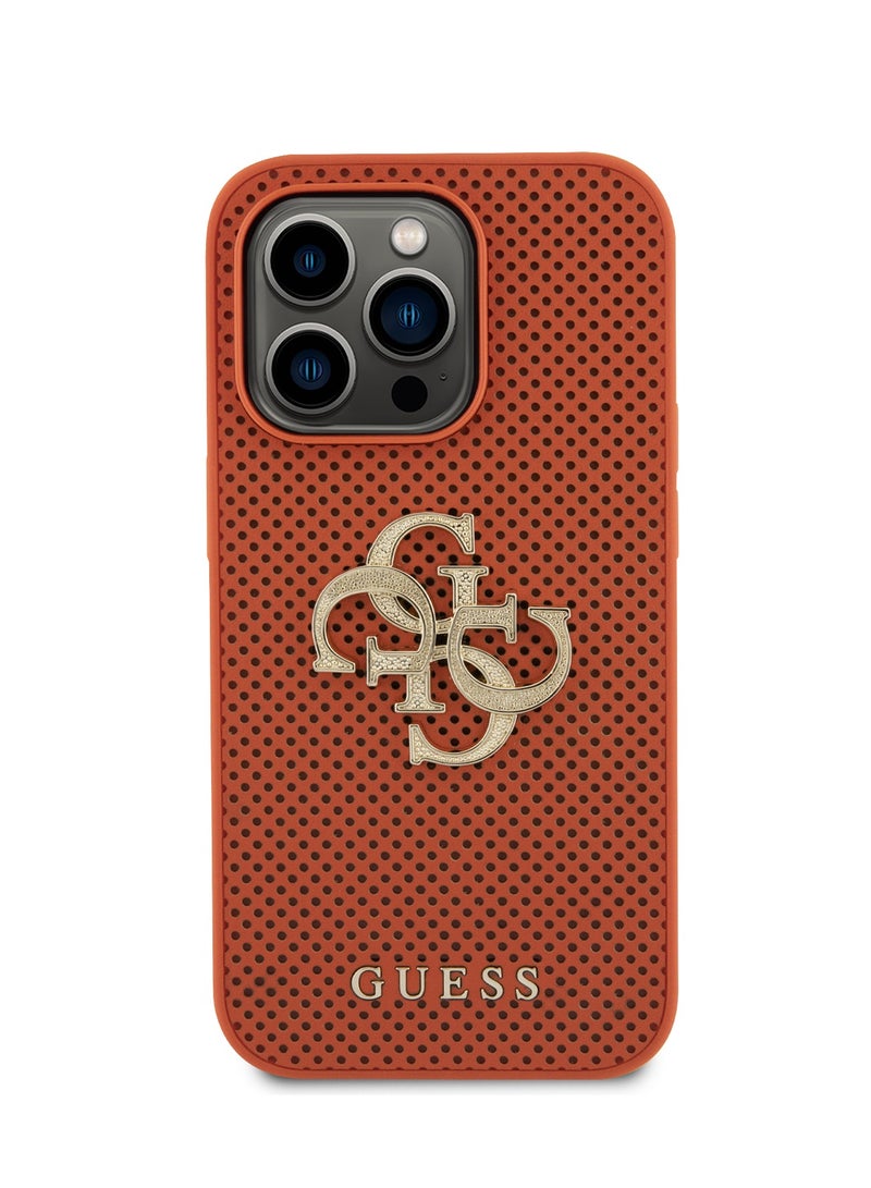 GUESS Perforated PU Leather Case with 4G Glitter for iPhone 15 Pro -Orange - Image 1