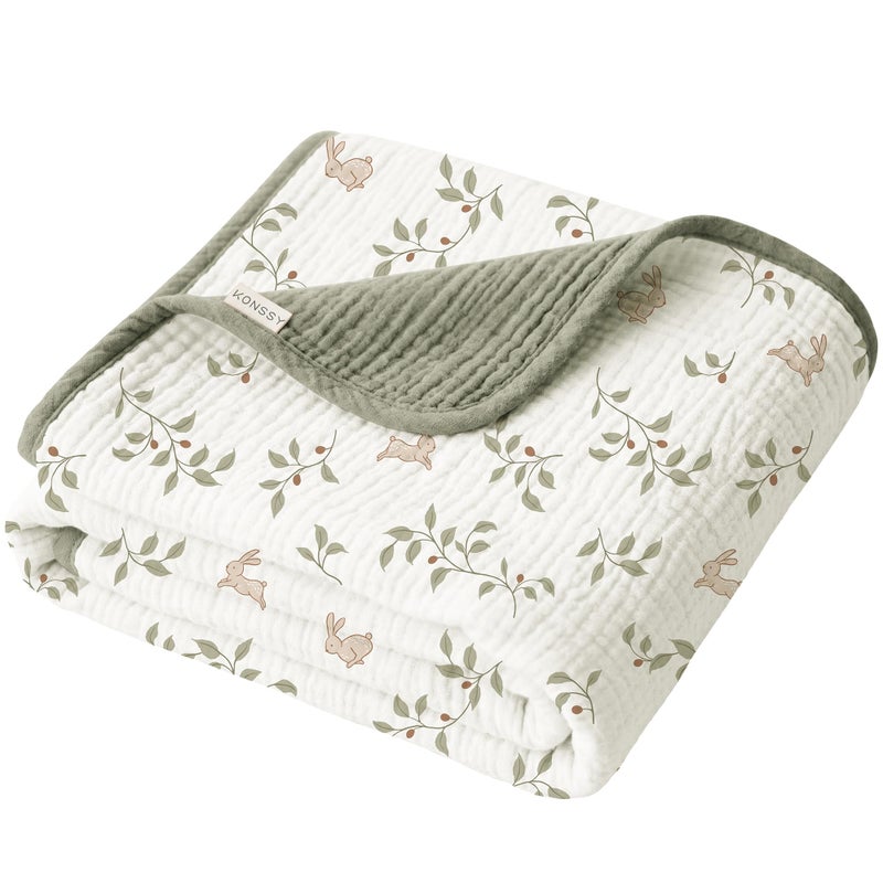 Konssy Muslin Baby Blankets for Girls Boys, 100% Cotton Crib Blanket for Baby Infant Toddler, Super Soft and Lightweight Nursery Blankets 40"x36"ï¼ˆRabbit - Image 1