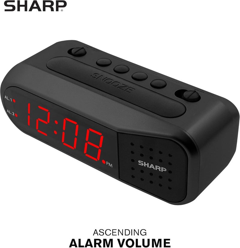 SHARP ساعة منبه رقمية – علبة سوداء مع مصابيح LED حمراء - منبه تصاعدي يزداد صوتًا، تجربة استيقاظ لطيفة، منبه مزدوج - احتياطي بطارية، سهل الاستخدام مع عملية بسيطة - Image 5