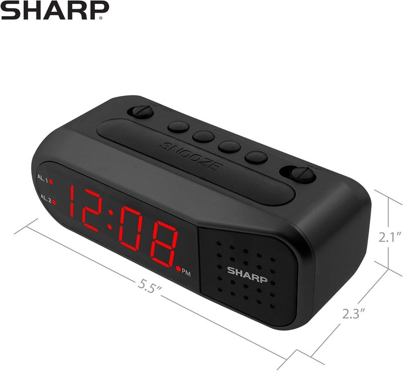 SHARP ساعة منبه رقمية – علبة سوداء مع مصابيح LED حمراء - منبه تصاعدي يزداد صوتًا، تجربة استيقاظ لطيفة، منبه مزدوج - احتياطي بطارية، سهل الاستخدام مع عملية بسيطة - Image 4