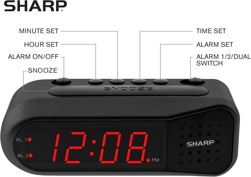 SHARP ساعة منبه رقمية – علبة سوداء مع مصابيح LED حمراء - منبه تصاعدي يزداد صوتًا، تجربة استيقاظ لطيفة، منبه مزدوج - احتياطي بطارية، سهل الاستخدام مع عملية بسيطة - Image 3