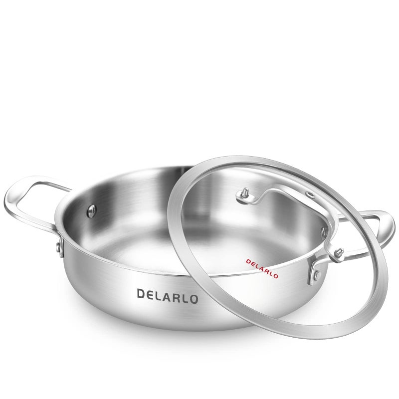 DELARLO TriPly Stainless Steel 3QT Saute Pan With Lid 12 Inch Deep Frying Pan Induction Large Skillet Cooker Pan Dishwasher Oven Safe